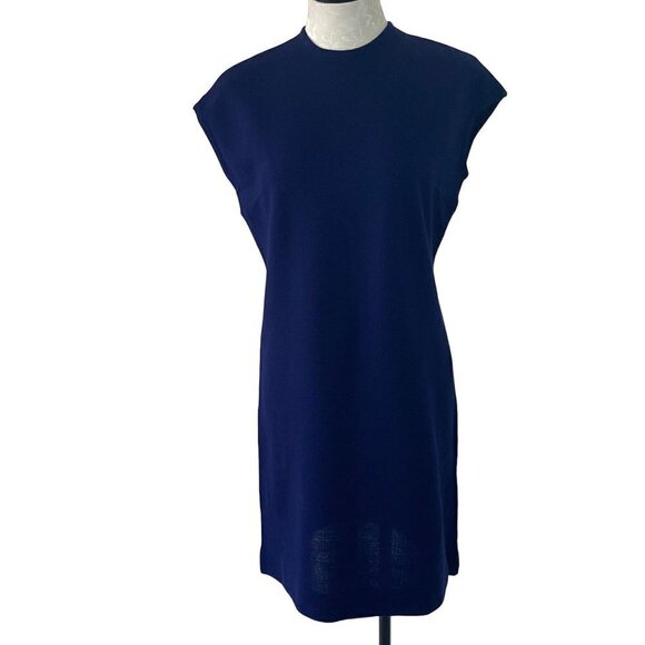 Vintage Womens Shift Dress Size 12 Navy Knit Mock Neck Knee Length Pure Wool - Picture 1 of 10